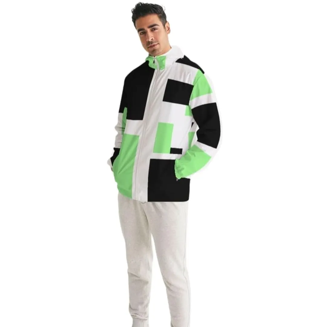 Mens Windbreaker - Hooded / Green Tricolor