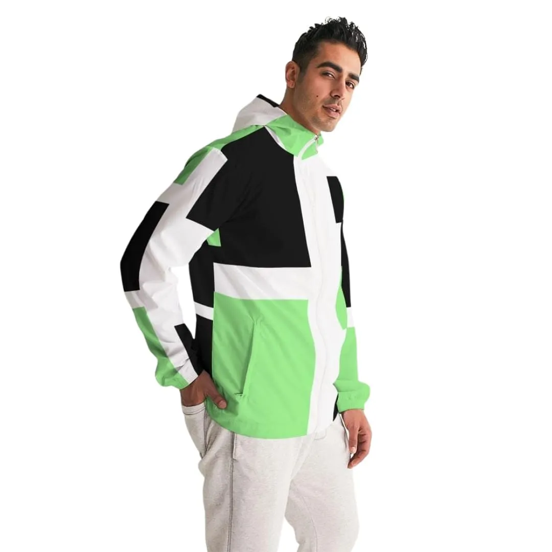 Mens Windbreaker - Hooded / Green Tricolor