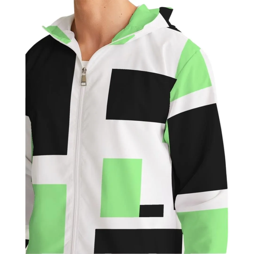 Mens Windbreaker - Hooded / Green Tricolor