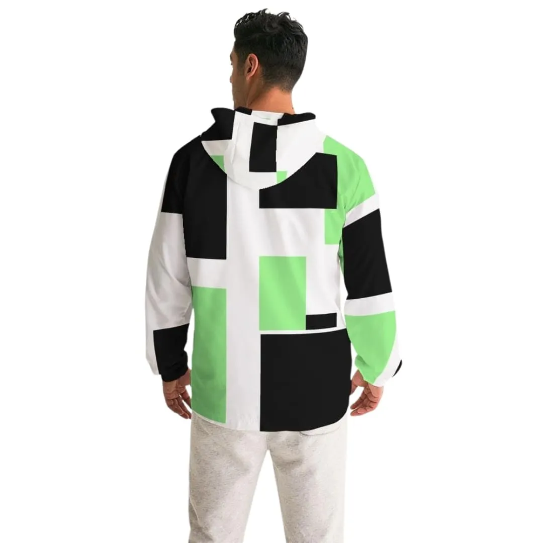 Mens Windbreaker - Hooded / Green Tricolor