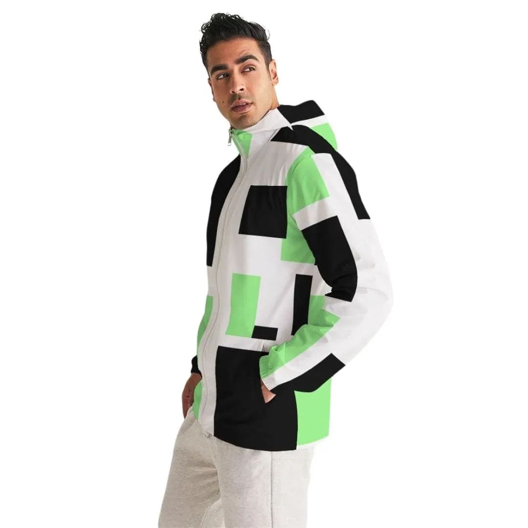 Mens Windbreaker - Hooded / Green Tricolor