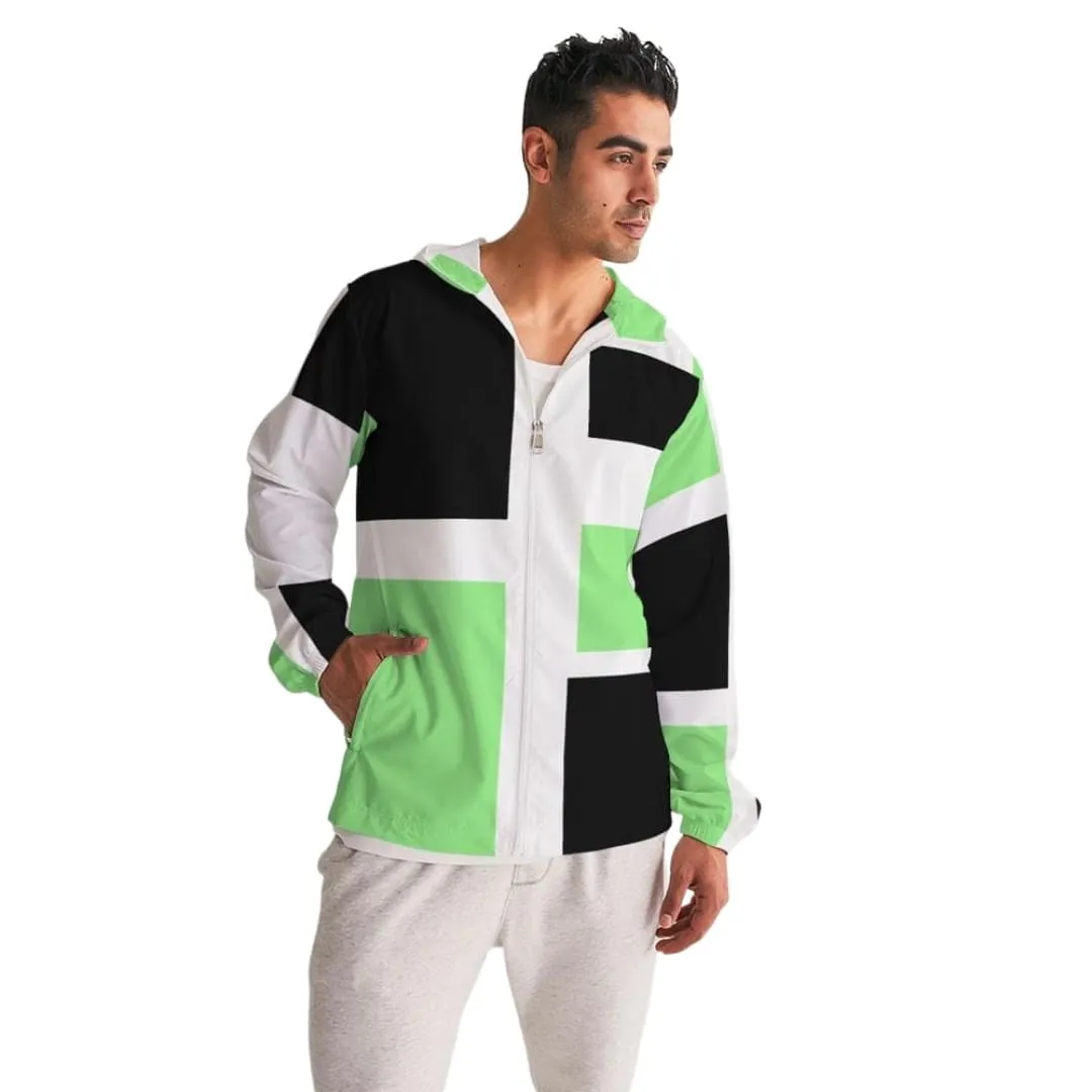 Mens Windbreaker - Hooded / Green Tricolor