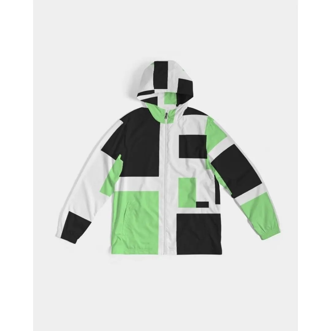 Mens Windbreaker - Hooded / Green Tricolor