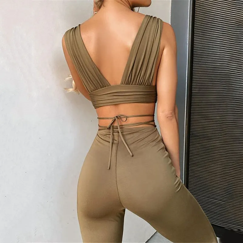 Solana Deep V-Neck Casual Vest 2 Piece Pant Suit Set