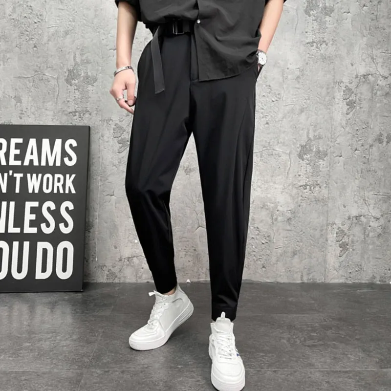 Summer Men's Jogger Pants Ice Silk Thin Loose Male Large Size Solid Color Trousers Belt Design Man Bottoms 5XL