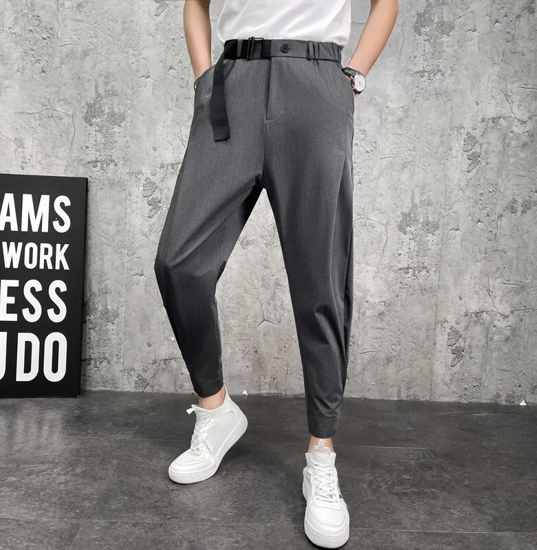 Summer Men's Jogger Pants Ice Silk Thin Loose Male Large Size Solid Color Trousers Belt Design Man Bottoms 5XL