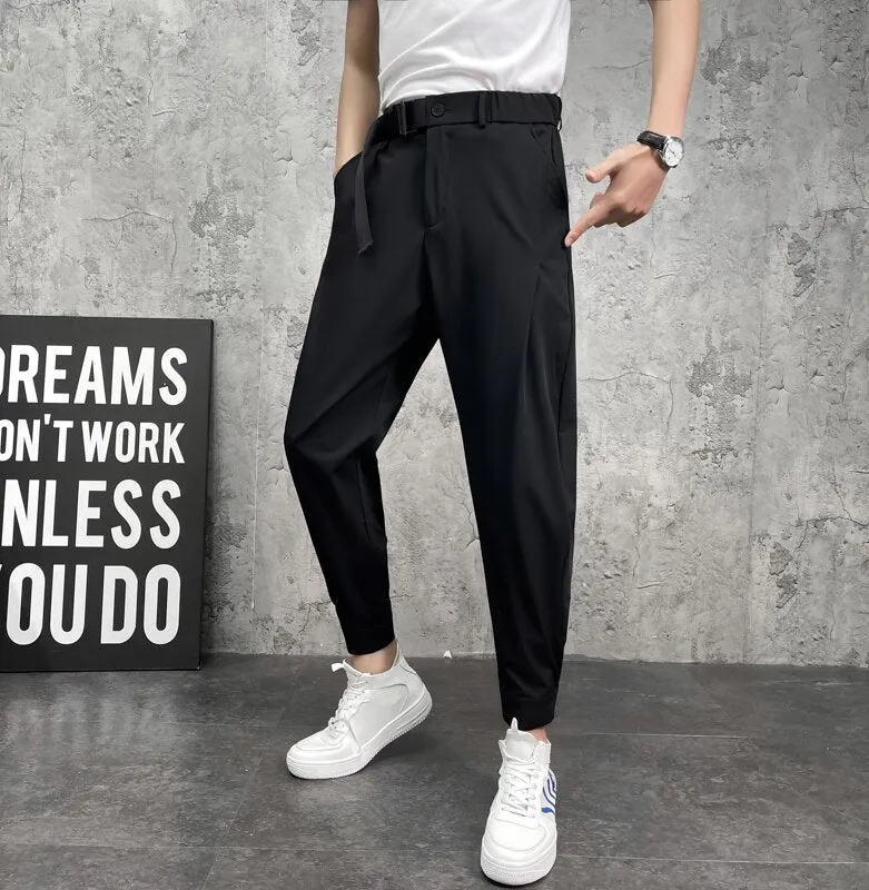 Summer Men's Jogger Pants Ice Silk Thin Loose Male Large Size Solid Color Trousers Belt Design Man Bottoms 5XL