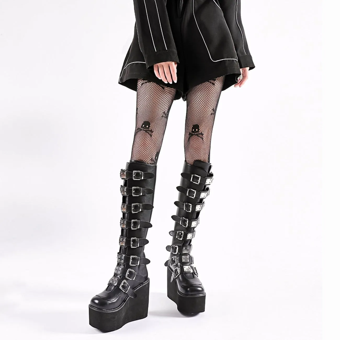 WLS High-Top Metal Button PU Thick High-Heel Martin Boots