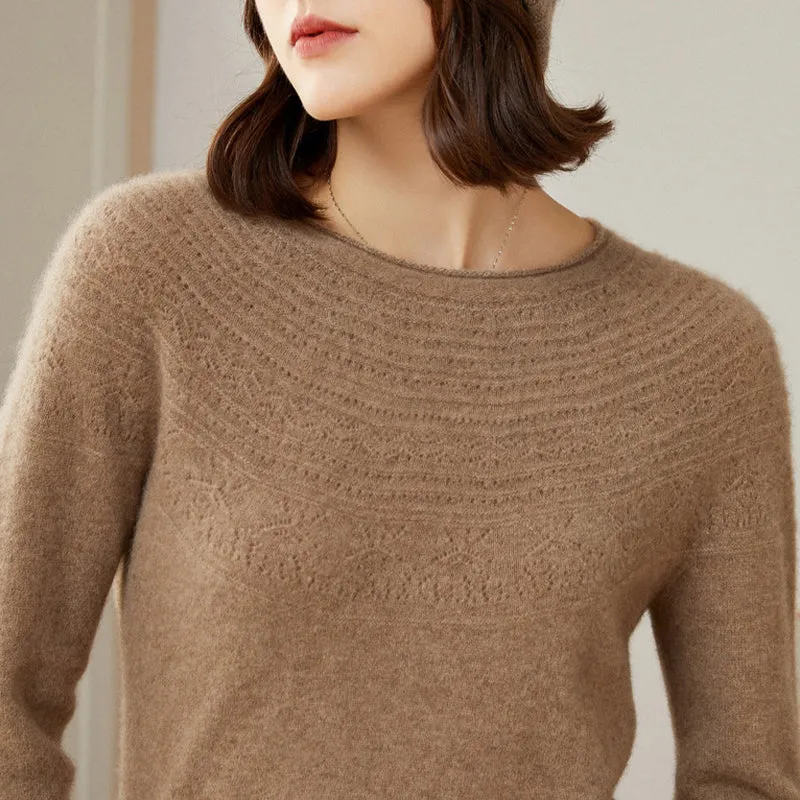 Women's 100% Superfine Cashmere Hollow Out Crewneck Sweater CP001