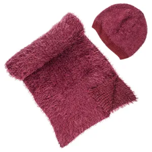 Women's Luxe Feather Winter Scarf and Hat Set - Wine