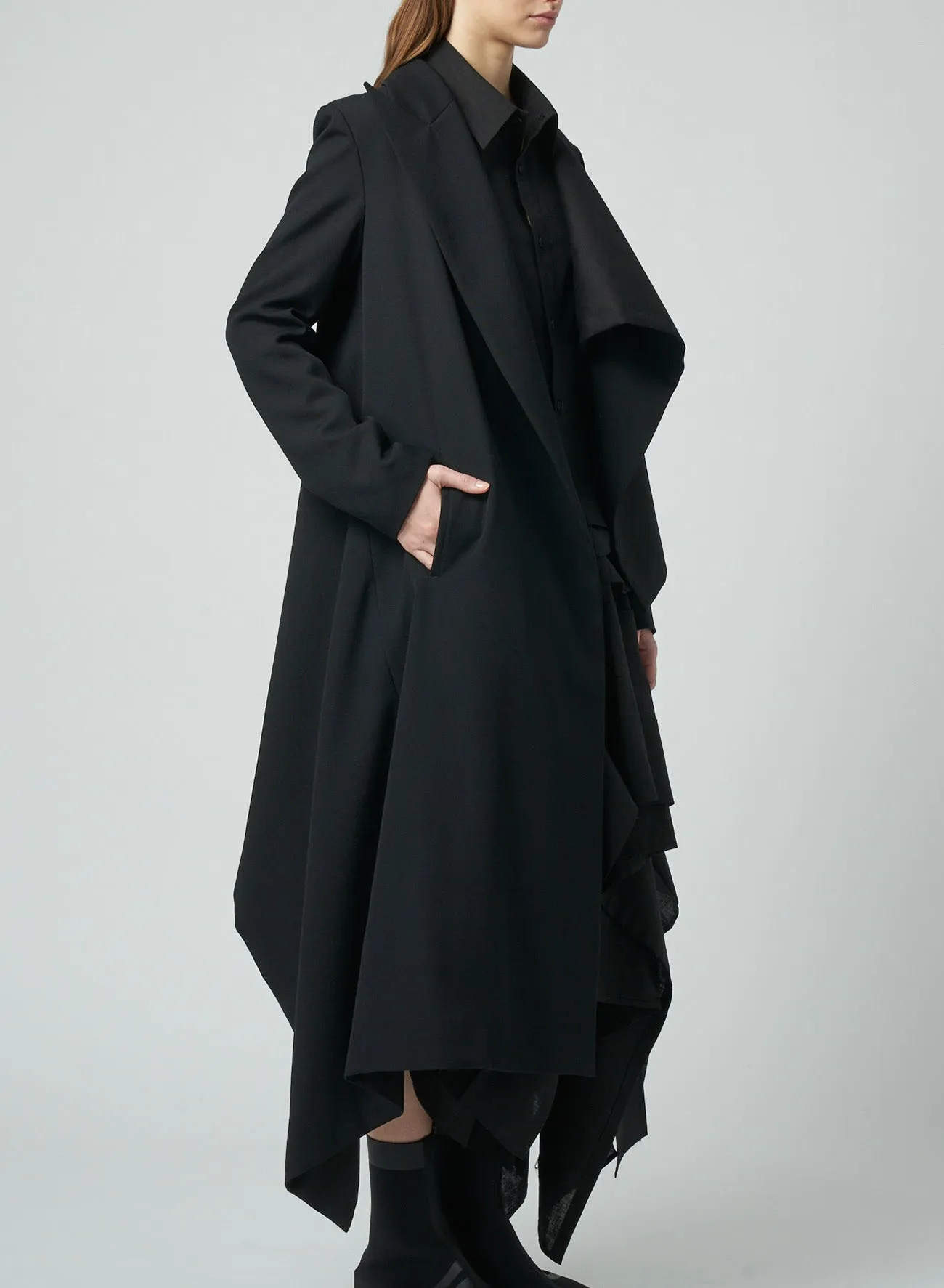 WOOL GABARDINE ASYMMETRIC LONG JACKET