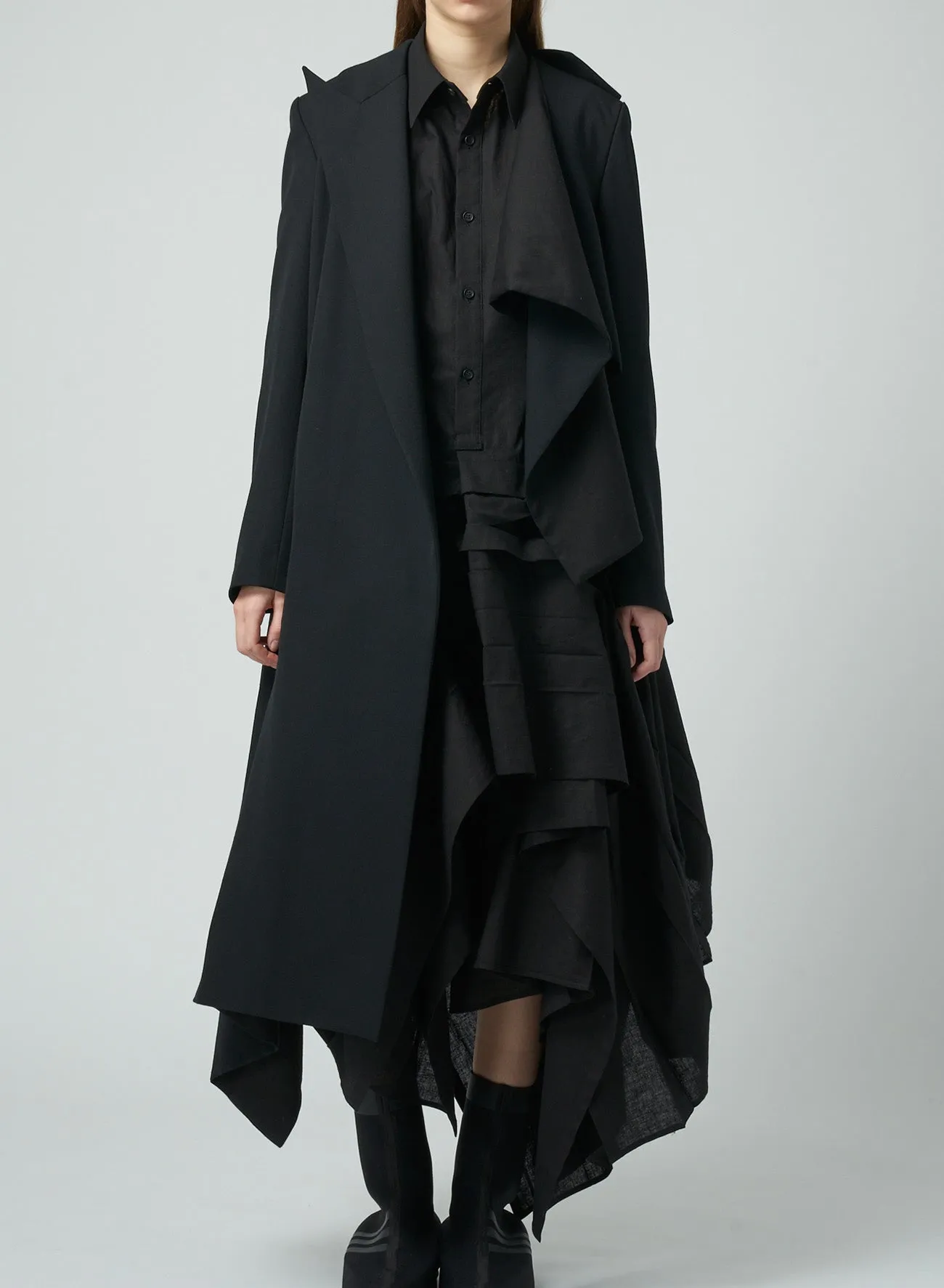 WOOL GABARDINE ASYMMETRIC LONG JACKET